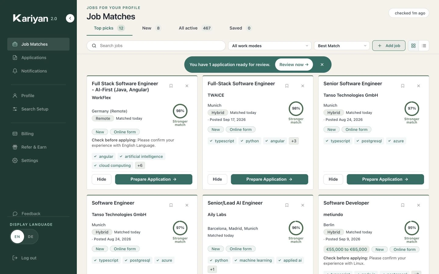 The match feed with four jobs, each showing its fit and one point to check.