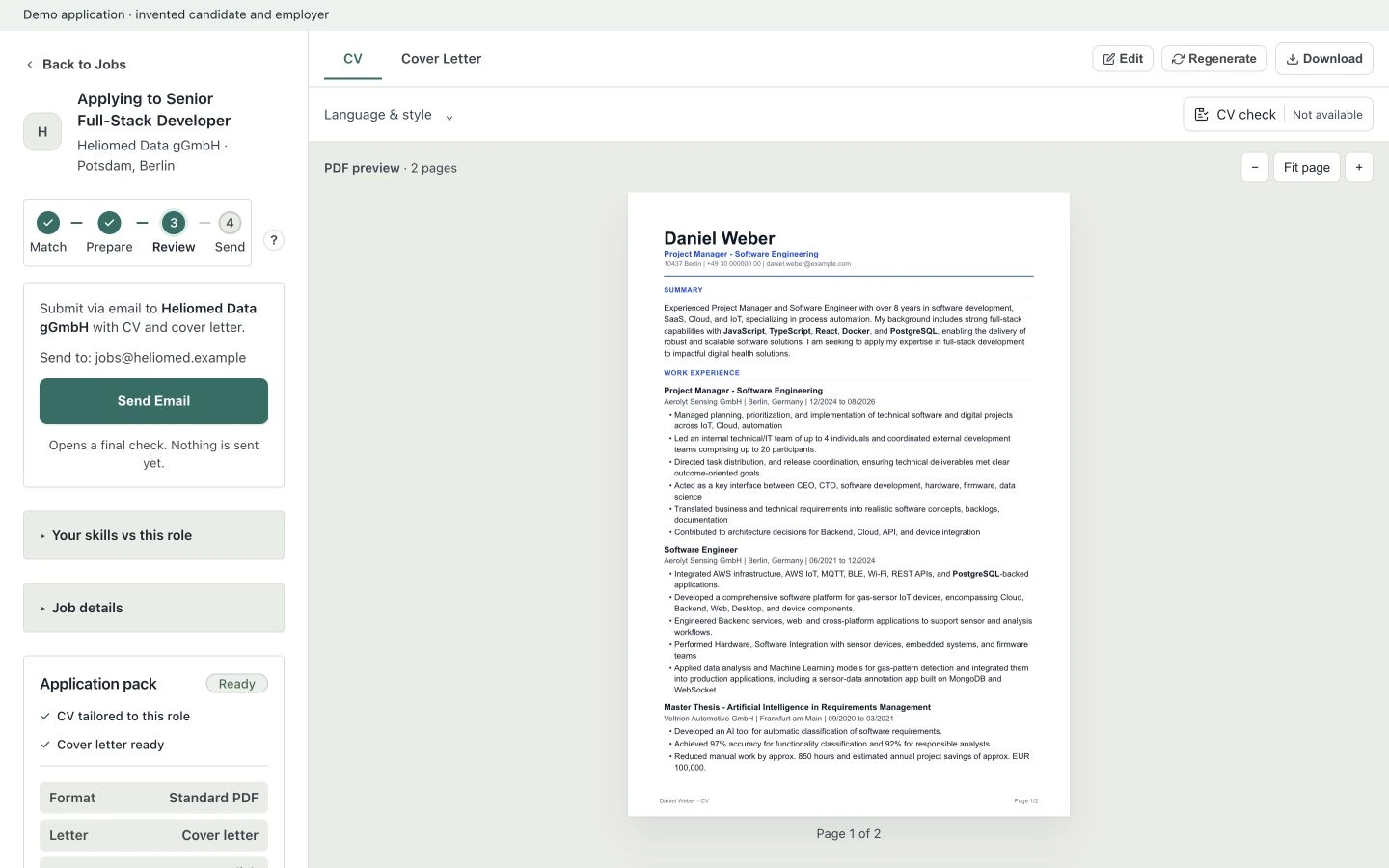 A prepared cover letter open for editing in Kariyan.