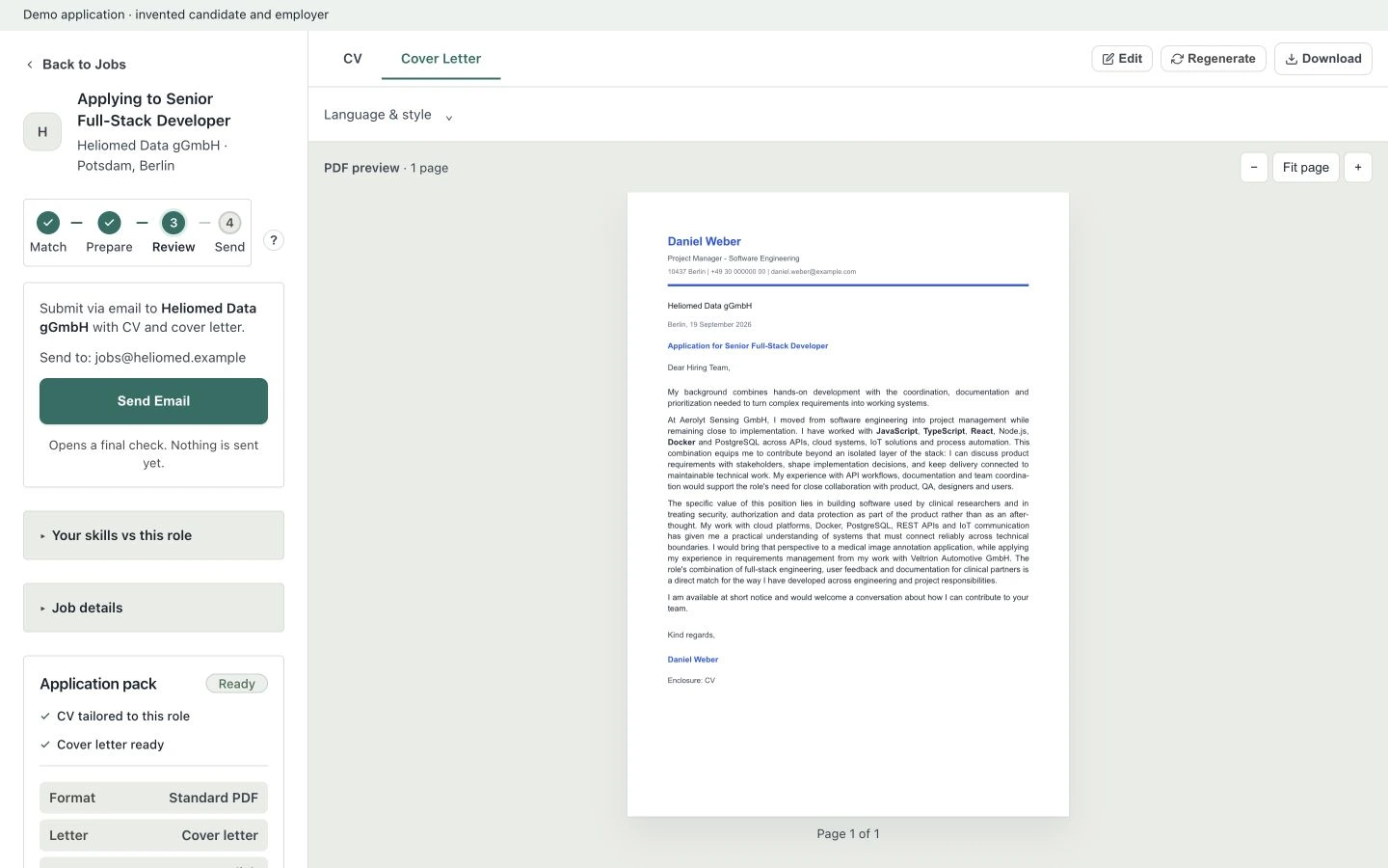 The review screen with the prepared CV and the button that sends the application.