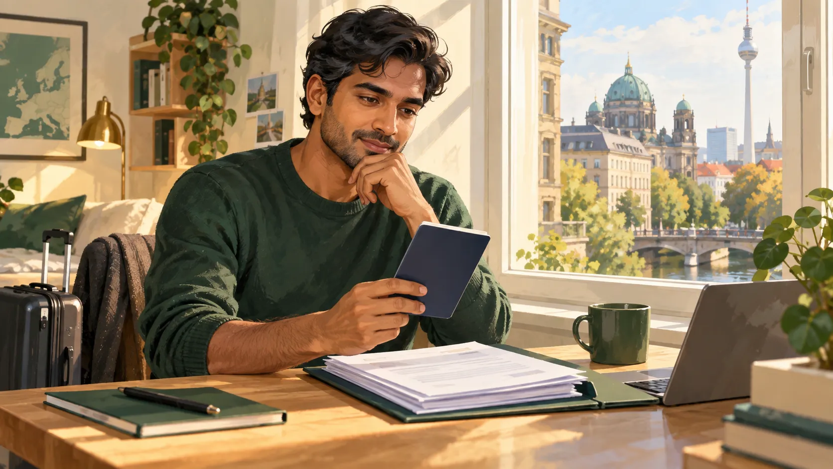 A man reviews paperwork for a move to Germany.