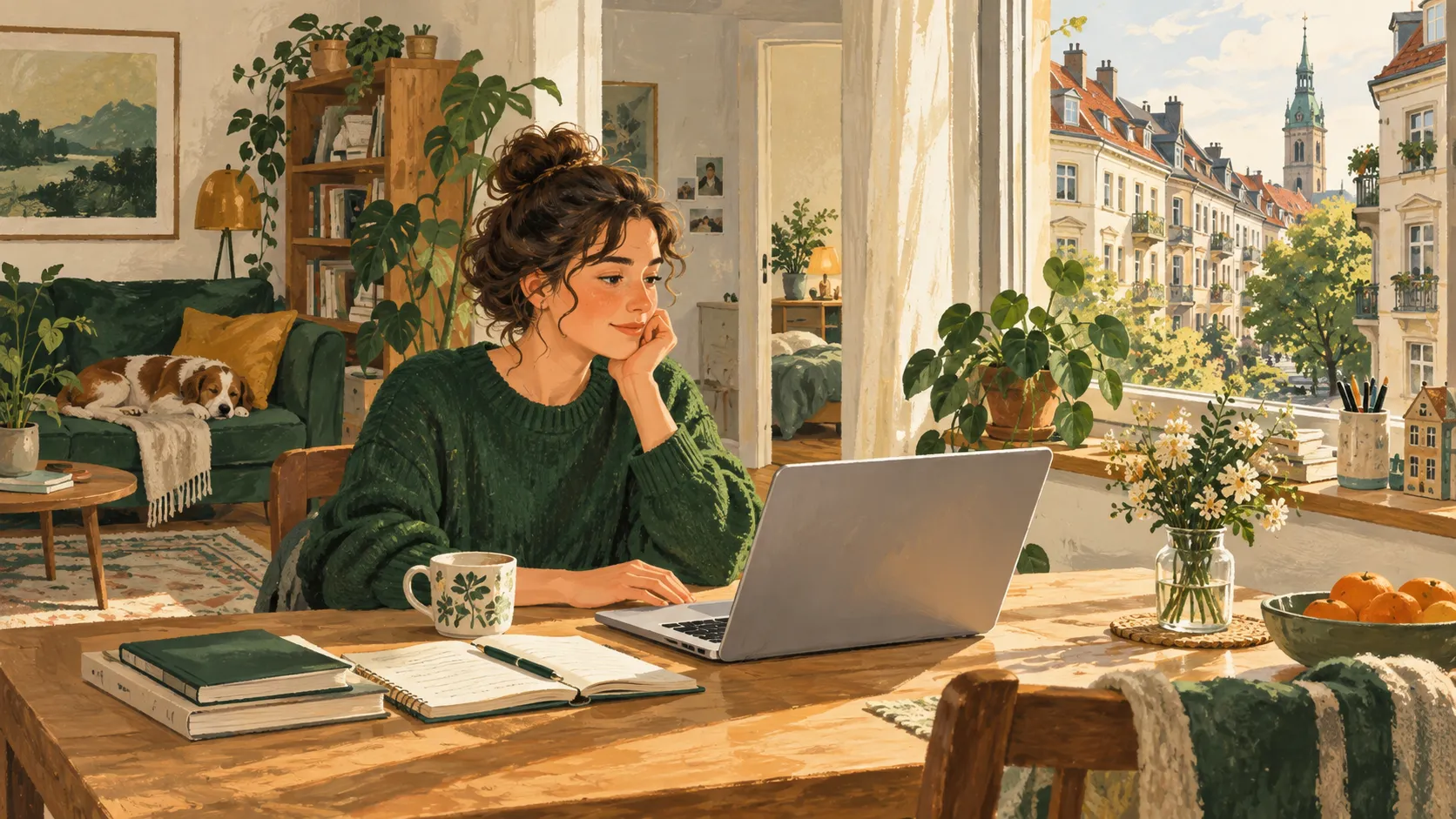 A woman works from a home desk in Germany.